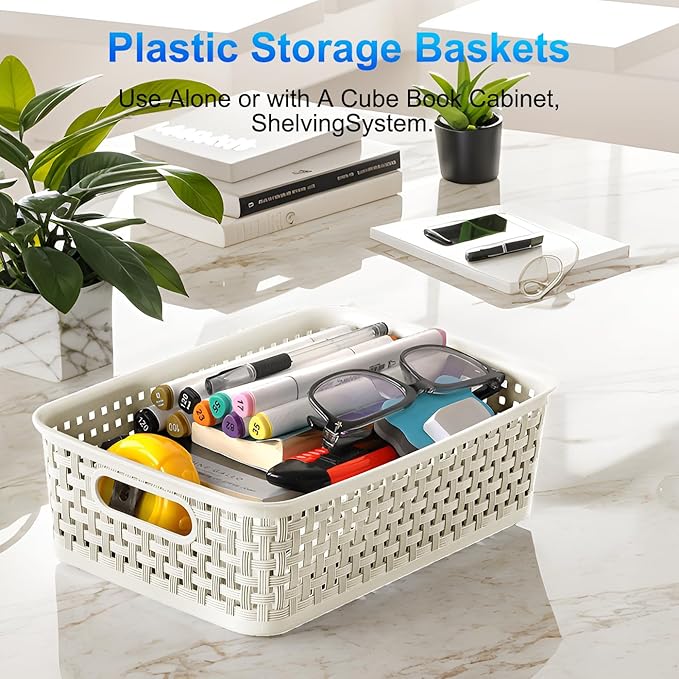 FUCDTEFC White Plastic Basket, 8 Pack Home Organization and Storage Baskets with Handles, Space Saving Woven Organizer Bins Plastic Storage Basket for Organizing Cabinets,Closets, Shelves, Countertops