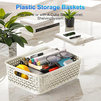 FUCDTEFC White Plastic Basket, 8 Pack Home Organization and Storage Baskets with Handles, Space Saving Woven Organizer Bins Plastic Storage Basket for Organizing Cabinets,Closets, Shelves, Countertops