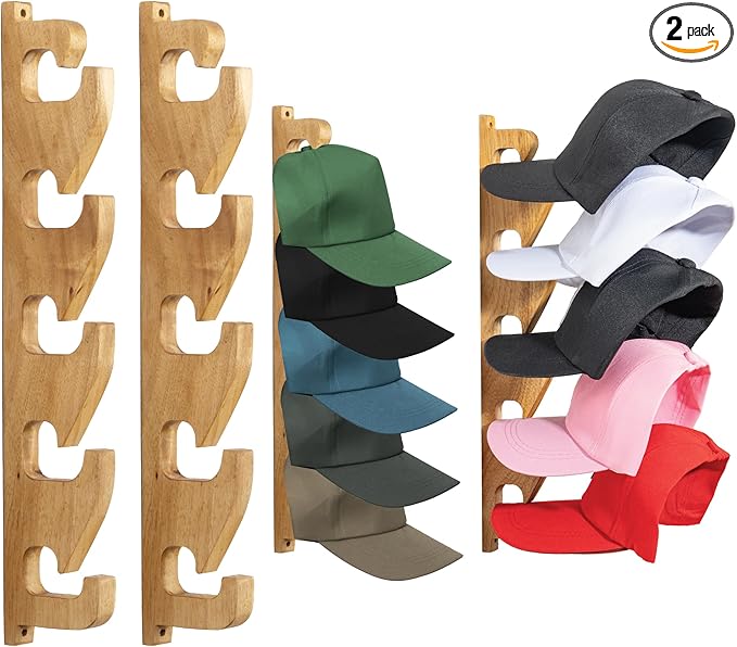2 Pack Acacia Wood Hat Organizer for Wall, Vertical Baseball Cap Display Rack with 3 Hanging Options, Hat Holder with Adhesive or Screws, Space-Saving Storage for Closet & Entryway