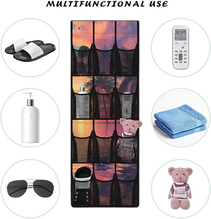 Tropical Trees Space Saving Hanging Shoe Organizer,Entryway Bedroom Bathroom Storage Bags with 12 Mesh Large Pockets,Unique Print