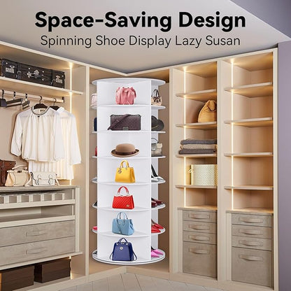 7 Tier Rotating Shoe Rack, Shoe Display with Lazy Susan, Revolving 360 Shoe Tower Storage Round Carousel, Vertical Handbag Rotate Shoes Closet Organization(23.6" W x 63.4" H)