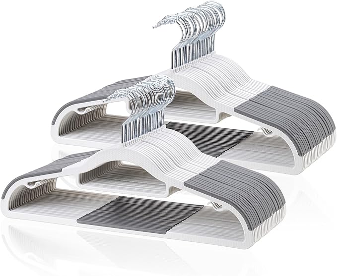 Tonswachic 50-Pack Coat Hangers, Space Saving Plastic Clothes Hangers, Non-Slip, 0.2 Inches Slim, 16.53 Inches Wide, 360° Swivel Silver Hook for Shirts, Pants & Wet/Dry Garments, White and Dark Gray