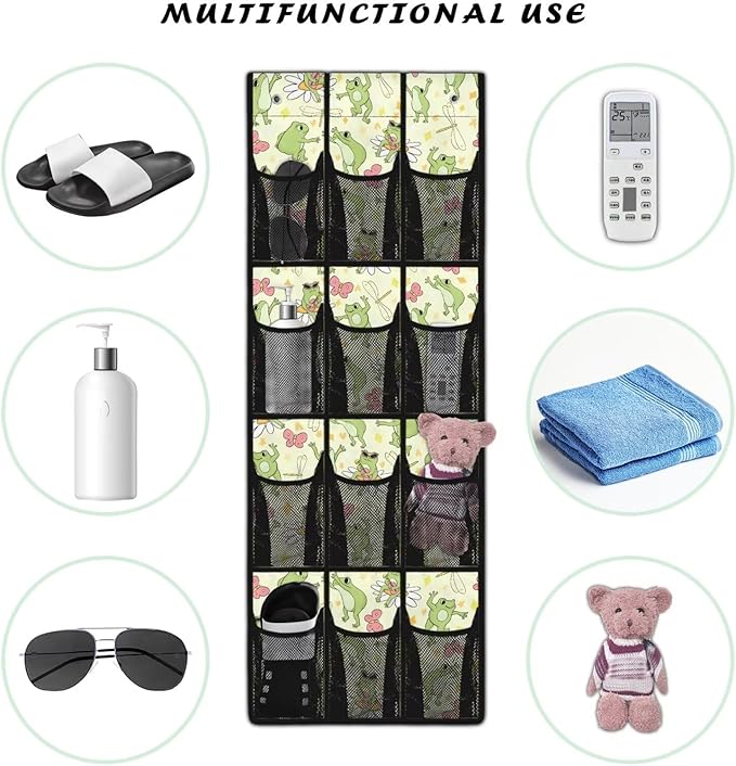 Frog Flower Over The Door Shoe Organizers with 12 Pockets,Quick Dry Mesh Organizer Hanging for Pantry Bathroom Closet,Mesh Pocket Over the Door Shoe Organizer for RV,Pantry,Camping