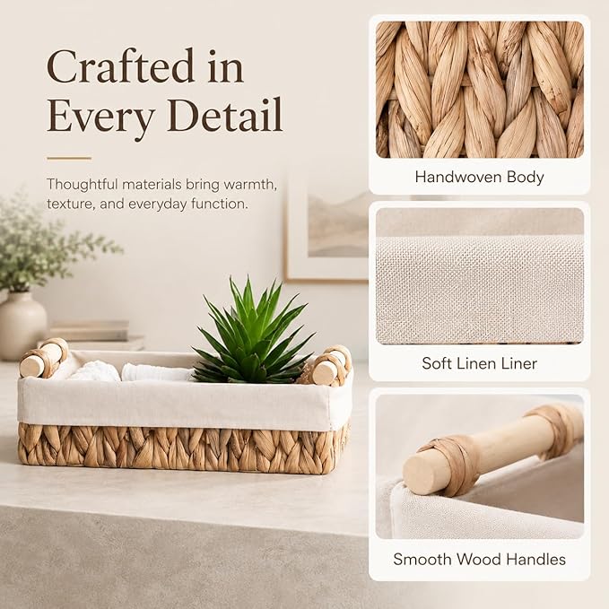 Water Hyacinth Bathroom Baskets for Shelves Set of 2 with Linen Liner & Wooden Handles – Wicker Bathroom Counter Organizer for Vanity, Towels & Toiletries