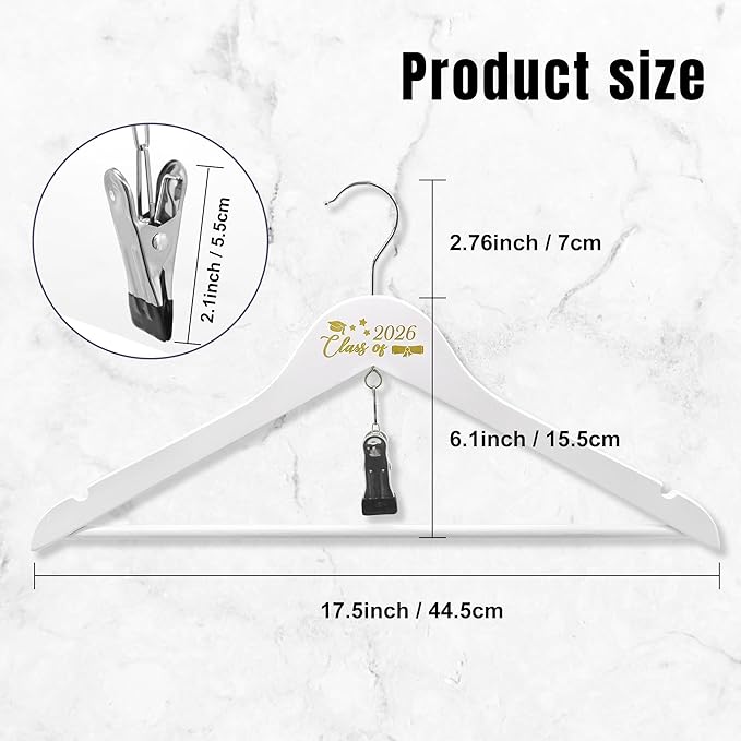GraduatePro Graduation Cap and Gown Hanger 17.5“ ”with Hook Clip for College and High School Graduates, Graduation Gifts with Class of 2026 Printed for Her and Him, White