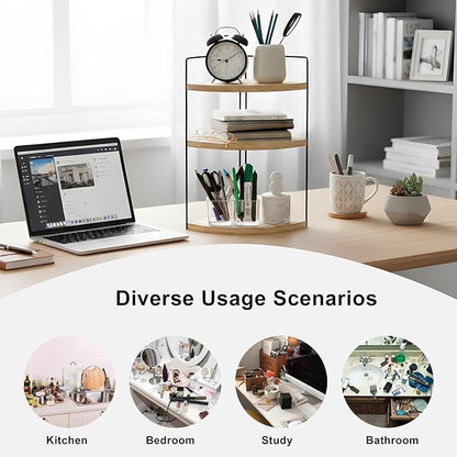 Corner Bathroom Counter Organizer Countertop Brown, 2 Pack 3 Tier Corner Shelf Wood Vanity Tray Easy Assembly Space Saving Shelf for Kitchen, Bathroom, Dresser, Makeup, Office
