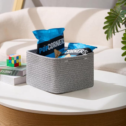 MiniArk Small Organizing Baskets for Cubes Shelf, 9.7x9.7x7.1 Inch Rope Woven Storage Bins for Nursery Shelves Storage, Cute Toy Basket, Square 3 Packs Mixed Grey