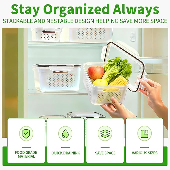 PRAKI 5-Pack Large Fruit Storage Containers for Fridge with Removable Colander, 2 in 1 Produce Storage Containers, BPA-Free Fridge Organizers and Storage Keep Fruits, Vegetables, Berry Fresh Longer