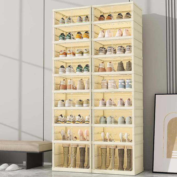 Dimmeda 9 Tiers Foldable Shoe Rack Organizer for Closet with Wheels, 36Pairs Plastic Collapsible Shoe Shelf for Front Door Entrance Stackable Clear Folding Shoes Storage Boxes Tall Shoe Cabinet