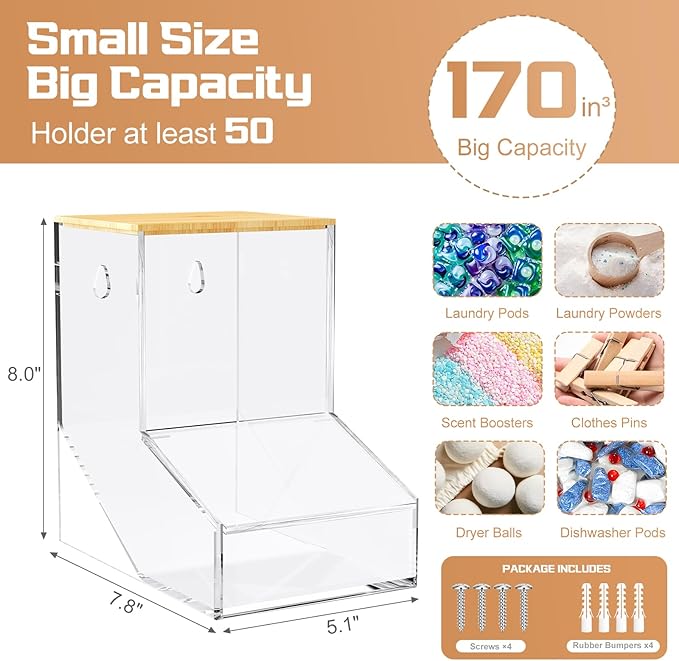 JYPS Laundry Box, Acrylic Dishwasher Pod Holder with 2 Lids, Powder Dispenser, Drying Ball, Beads, Soap Storage Case for Room Table/Wall Mounted, Snack Candy Storage (2pcs-normal)