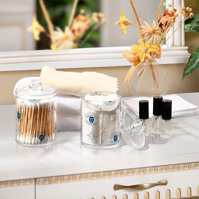 Magical Evil Eye Qtip Holder Dispenser Celestial Suns Moons Stars Bathroom Canister Storage Organization 2 Pack Clear Plastic Apothecary Jars with Lids Vanity Makeup Organizer For Cotton Swab Ball F