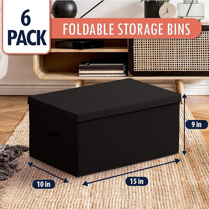 Ornavo Home 6 Pack Collapsible Storage Bins with Lid, Foldable Linen Fabric Shelf Storage Basket Closet Organizer and Large Storage Box for Clothes with Leather Handles, 15 x 10 x 9, Black