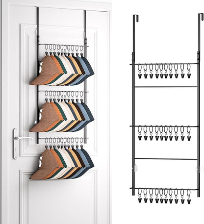 HapiRm Over Door Hat Rack - 3 Tier Wall Mounted Hat Organizer with 30 Movable Clips, Baseball Cap Organizer Storage Holds up to 30 Caps for Door, Bedroom, Closet