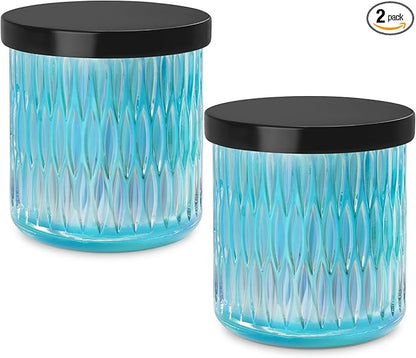 Qtip Holder for Bathroom set of 2, Clear Glass Apothecary Jars with Lids, Bathroom Canisters for Cotton Balls,Swabs,Floss Picks,Hair Ties,Vanity Organizer and Storage,Vintage Decor (Blue)
