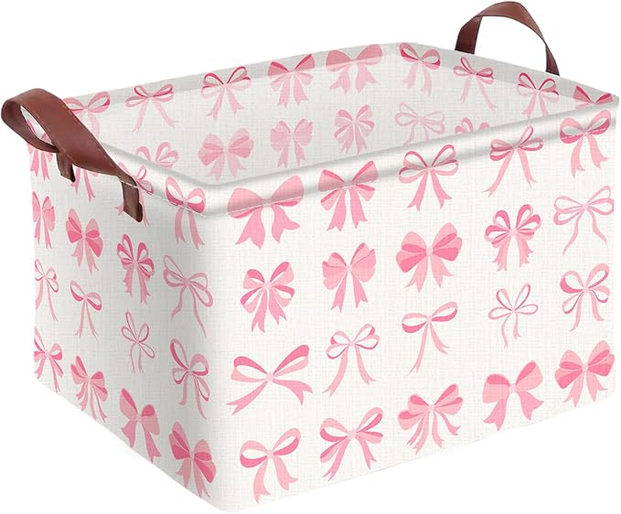 Pink Bow Decor Storage Basket Waterproof Canvas Toy Storage Bin Coquette Room Decor Collapsible Outdoor Basket with Leather Handles Pink Blanket Baskets For Closets,Bedrooms,Gifts Baskets