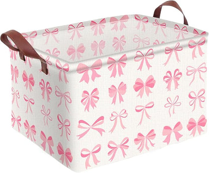 Pink Bow Decor Storage Basket Waterproof Canvas Toy Storage Bin Coquette Room Decor Collapsible Outdoor Basket with Leather Handles Pink Blanket Baskets For Closets,Bedrooms,Gifts Baskets
