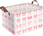 Pink Bow Decor Storage Basket Waterproof Canvas Toy Storage Bin Coquette Room Decor Collapsible Outdoor Basket with Leather Handles Pink Blanket Baskets For Closets,Bedrooms,Gifts Baskets
