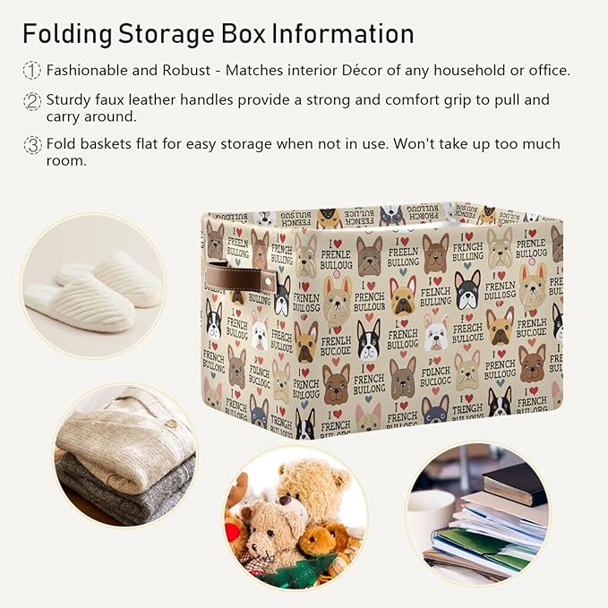 French Bulldog Pattern Rectangle Storage Bin, 15 x 11 x 9.5 in, Collapsible Organizer Storage Basket for Home Décor，2PACK