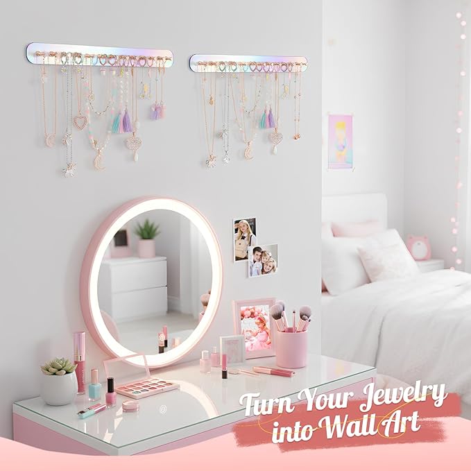 Iridescent Acrylic Necklace Holder Wall Mount, Adhesive Jewelry Organizer with Hooks, 5mm Thick Heavy Duty Hanging Chain Rack for Bathroom, Closet, Door & Dressing Table, 2 Pack