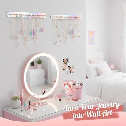 Iridescent Acrylic Necklace Holder Wall Mount, Adhesive Jewelry Organizer with Hooks, 5mm Thick Heavy Duty Hanging Chain Rack for Bathroom, Closet, Door & Dressing Table, 2 Pack