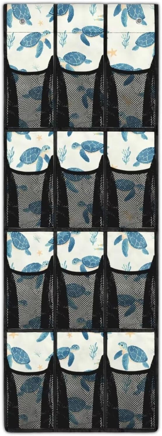 12 Large Mesh Pockets Turtle Coral Over the Door Shoe Organizer Sturdy Oxford Fabric Hanging Shoe Rack for Door Shoe Organizer Door Hanger