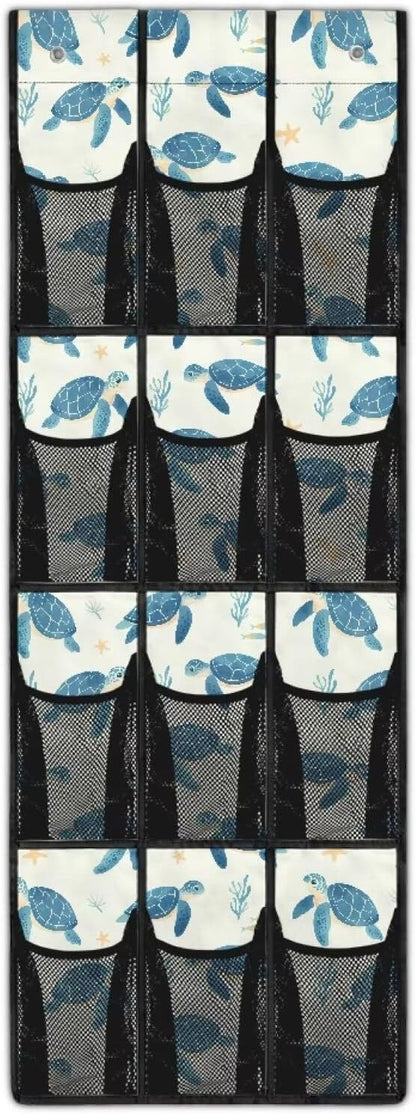 12 Large Mesh Pockets Turtle Coral Over the Door Shoe Organizer Sturdy Oxford Fabric Hanging Shoe Rack for Door Shoe Organizer Door Hanger