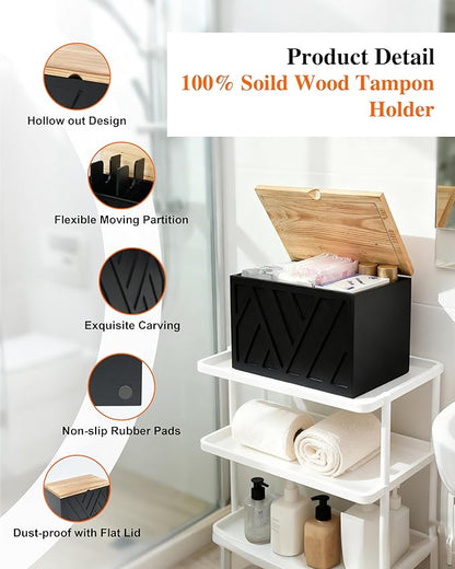 Tampon Holder for Bathroom Decor Feminine Product Organizer With Lid Shark Week Box Wooden Pad Girl Stuff Box (BLACK, lid) (1, BLACK)