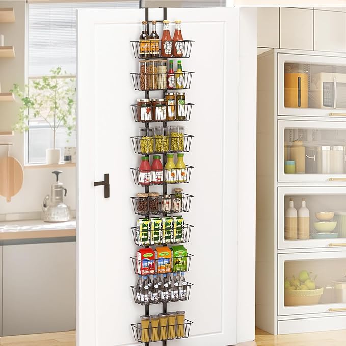 10 Tier Over the Door Pantry Organizer, Over the Door Organizer with Adjustable Baskets, Metal Hanging Door Pantry Organizers and Storage for Kitchen Bathroom Bedroom, Black