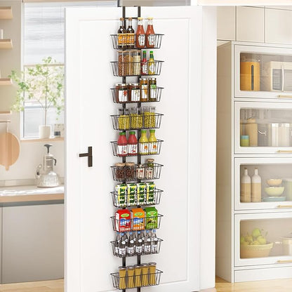 10 Tier Over the Door Pantry Organizer, Over the Door Organizer with Adjustable Baskets, Metal Hanging Door Pantry Organizers and Storage for Kitchen Bathroom Bedroom, Black