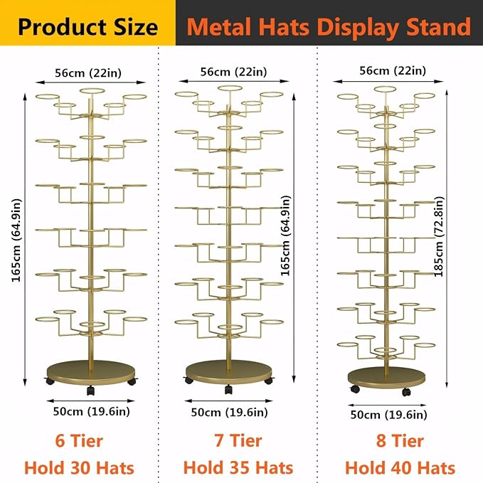6 Tier Hat Rack with 30 Hooks, Freestanding Hat Rack Stand, Metal Hat Organizer Rack, Rolling Retail Hat Display Rack for Home/Store(Gold,6 Tier)