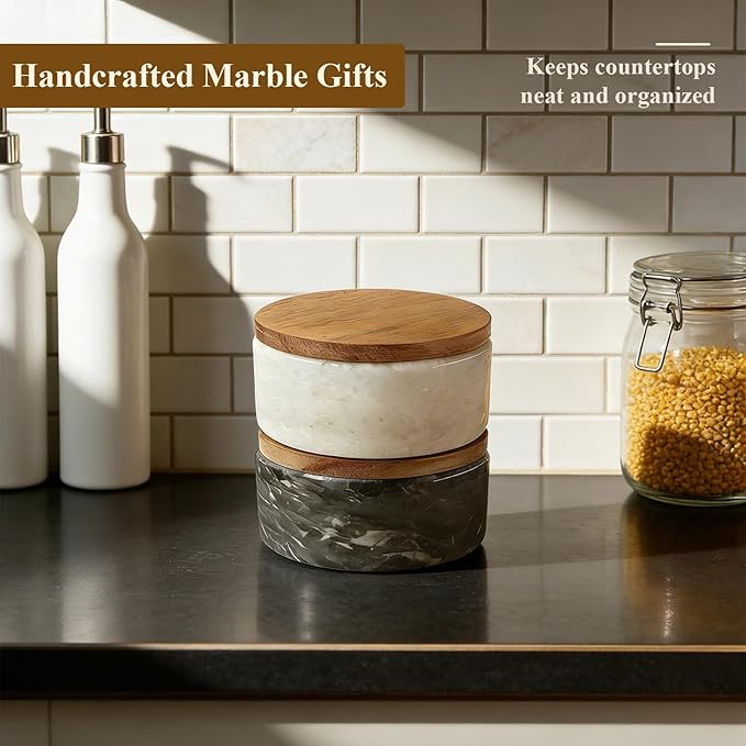 White Marble Salt cellar. Spice jars with Acacia Wood Lid and Spoon, Elegant Modern Handcrafted Container for Countertop