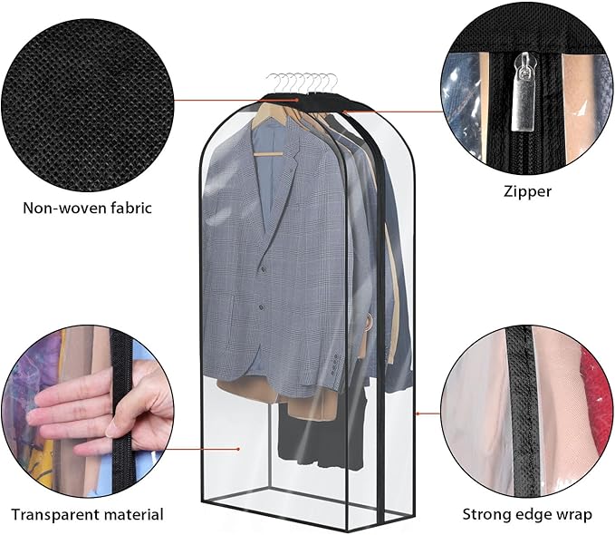 Univivi Garment Bags Garment Covers for Hanging Clothes, 10" Gusseted Clear Suit Bags for Clothes Storage, Garment Bag for Closet Storage, 40", 4-Pack