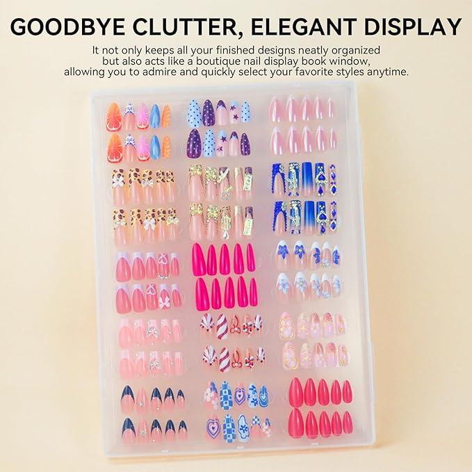 Nails Storage Box with Stand for Fake Nail,Large Empty Nail Box Case Use for Press On Display & Storage,Nail holder for Painting Practice,Acrylic Nail Display Stand for Design Home