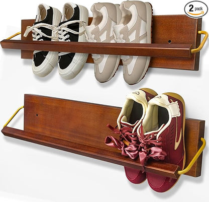 Wall Mounted Shoe Rack 2 Pcs, Solid Wood Wall Hanging Small Shoe Storage, Organize for Shoes, Sneaker, Slipper and Boots in Narrow Spaces, Entryway, Hallway, Trailer or RV, Walnut Color (28.5'' Long)