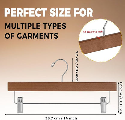Quality Hangers Wooden Pants Hangers - 10-Pack Swivel Hook Cloth Hanger Set - Lotus Wood Skirt, Pant, Shorts and Slack Hangers with Adjustable Clip (Walnut - Chrome Hook, 10)