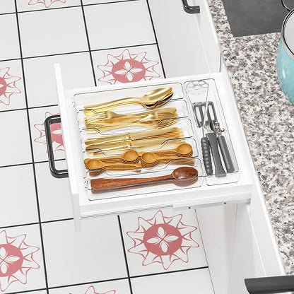 Clear Silverware Organizer for Kitchen Drawers,BPA Free Cutlery Drawer Organizer,6 Slots Plastic Utensils Organizer Suitable as In-Drawer Silverware Holder and Tray,Flatware,Knife,Fork,Spoon Organizer