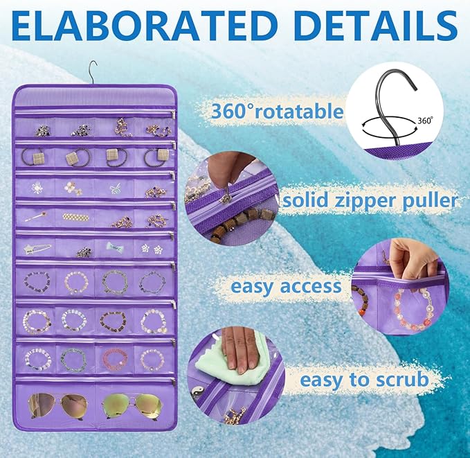 Travel Jewelry Organizer Dual Sided Hanging Earring Holder Bracelet Storage Rolls Rings Display Case with 68 Zippered Pockets (PURPLE)