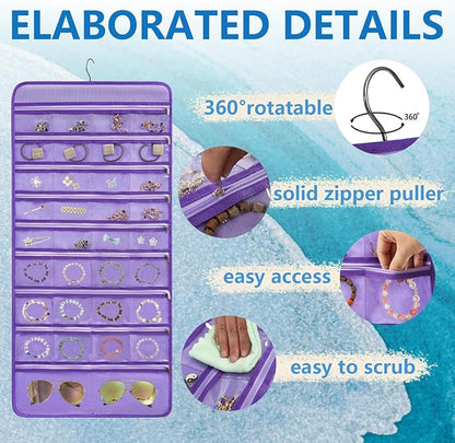 Travel Jewelry Organizer Dual Sided Hanging Earring Holder Bracelet Storage Rolls Rings Display Case with 68 Zippered Pockets (PURPLE)