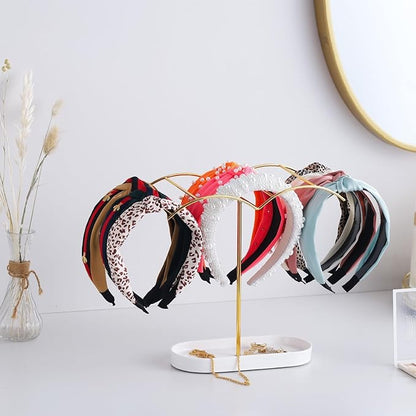 Headband Holder with Ceramic Jewelry Tray,Headband Organizer for Women Girls,Hair Hoop Band Ear Display Stand,Aesthetic Vanity Hair Accessories Organizer for College Dorm Room Gold Decor