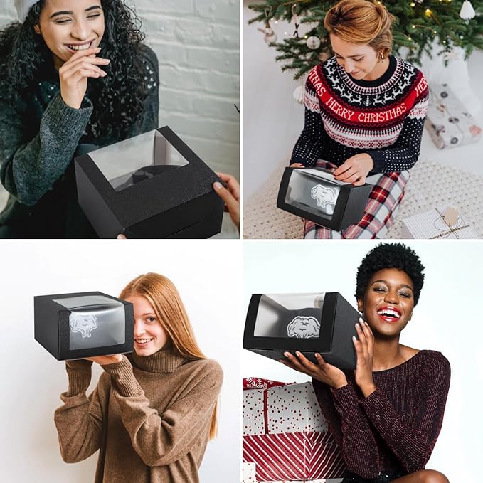 LADYBRO 10 Pack 7.8" x 7.8" x 4.8" Black Gift Boxes with Window Display for Hat Storage Containter for Baseball Caps (Fitted, Snapbacks, Trucker) (Glitter Black, 7.8" x 7.8" x 4.8")