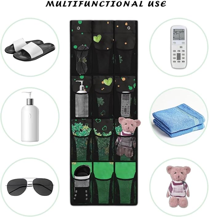 12-Pocket Foldable Door Hanging Organizer, Oxford Cloth Waterproof and Ideal for Bathroom Closet or Kitchen Storage Needs, Heart Lucky Leaf
