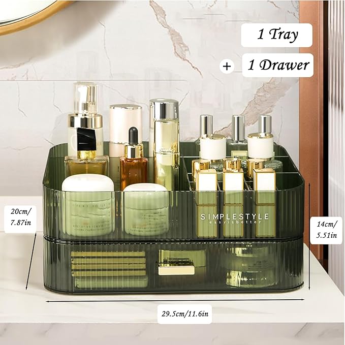 Makeup Organizer with Drawers, Stackable Cosmetics Organizer, Large Make Up Organizer Storage Box, Ideal for Bathroom Countertop and Desk (1 x Drawer, Green)