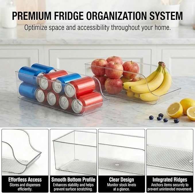 4-Pack Clear Soda Can Organizer for Sparkling Water and Beer, Rolling Drink Holder for Refrigerator Organizers and Storage, Transparent Can Organizer for Pantry and Kitchen Cabinets