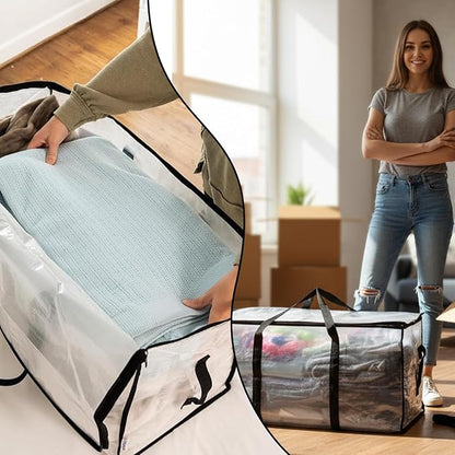 4-Packs Extra Large Heavy Duty Moving Bags, Waterproof Storage Totes with Handles & Zippers Storage Bags Totes for Clothes Packing, Dorms, College Supplies, Space Saving, Clear