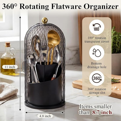 2 Pack 360° Rotating Silverware Organizer, Utensil Holder with Lid for Kitchen Counter Silverware Caddy with Drainage Dustproof Flatware Holder for Cutlery Spoon Fork (Diamond Black,3 Slot)