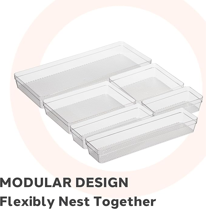 Oggi Clear Drawer Organizer - 6.25" X 15.75" (Set of 6) - Ideal for Organizing Kitchen Drawers, Office, Desk, Silverware, Kitchen Utensils, Cosmetics and Bathrooms