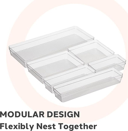 Oggi Clear Drawer Organizer - 6.25" X 15.75" (Set of 6) - Ideal for Organizing Kitchen Drawers, Office, Desk, Silverware, Kitchen Utensils, Cosmetics and Bathrooms