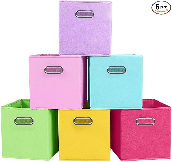 ShellKingdom Storage Bins, Foldable Fabric Storage Cubes And Cloth Storage Organizer Drawer with Metal Handle For Closet And Toys Storage, 11 X 10.5 X 10.5 INCH, 6 Pack (6 Colors)