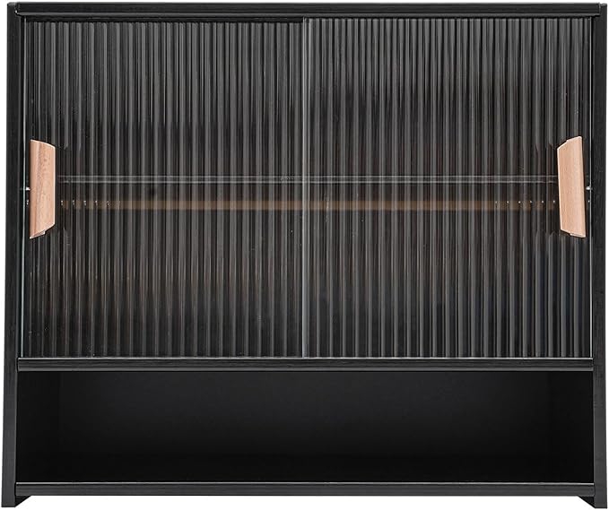 OUKANING 3 Tiers Small Bamboo Kitchen Pantry Sideboard with 2 Sliding Striped Glass Doors, Freestanding Kitchen Pantry Cabinet for Bottle, Dish, Bowl Console Dining Cupboard, Black