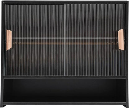 OUKANING 3 Tiers Small Bamboo Kitchen Pantry Sideboard with 2 Sliding Striped Glass Doors, Freestanding Kitchen Pantry Cabinet for Bottle, Dish, Bowl Console Dining Cupboard, Black